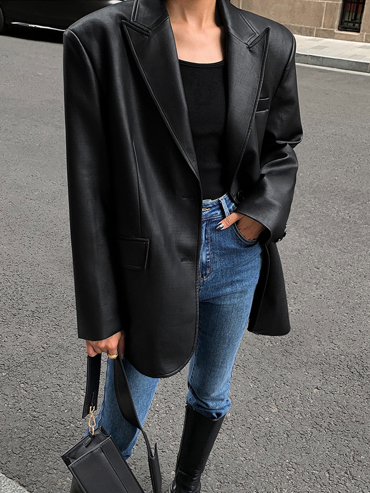 Blazer en Cuir Synthétique | Élégant avec Poche à Revers