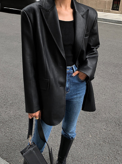 Blazer en Cuir Synthétique | Élégant avec Poche à Revers