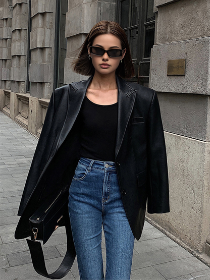 Blazer en Cuir Synthétique | Élégant avec Poche à Revers