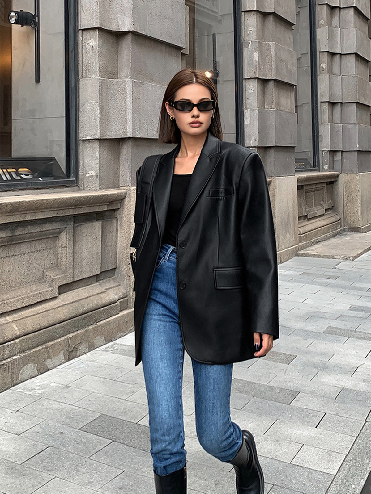 Blazer en Cuir Synthétique | Élégant avec Poche à Revers