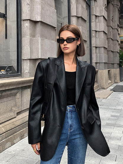 Blazer en Cuir Synthétique | Élégant avec Poche à Revers