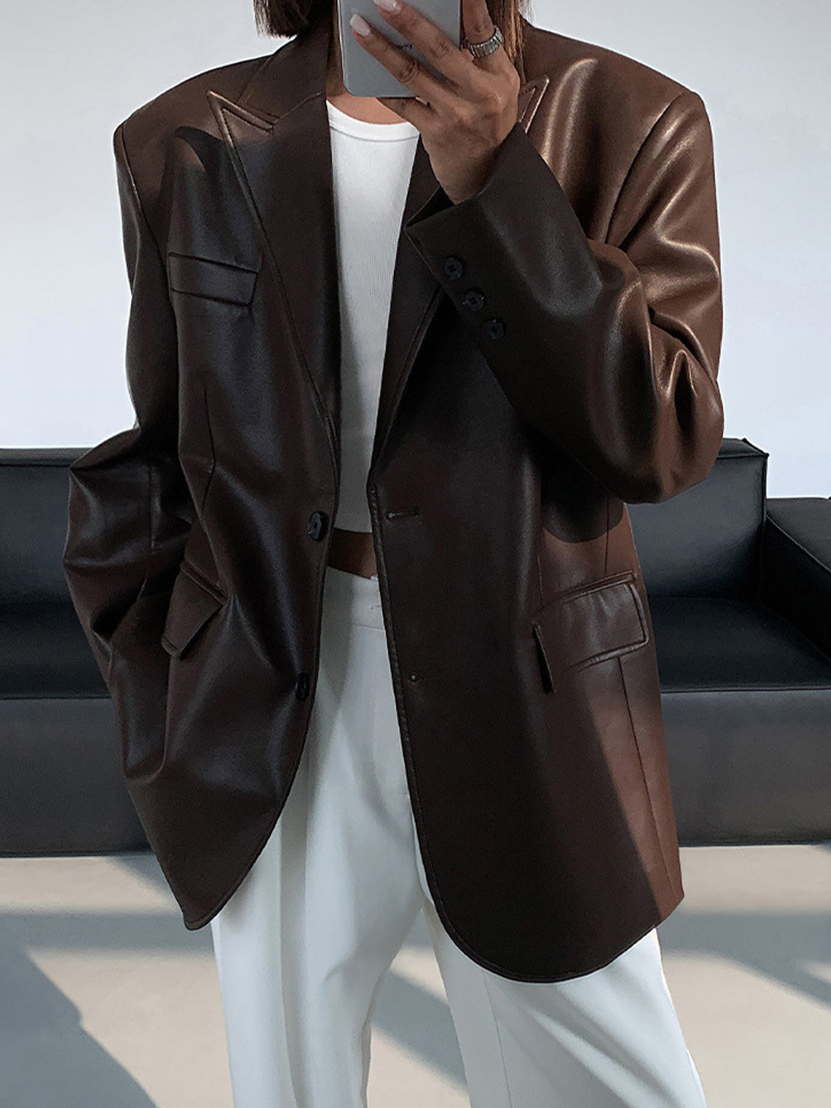 Blazer en Cuir Synthétique | Élégant avec Poche à Revers