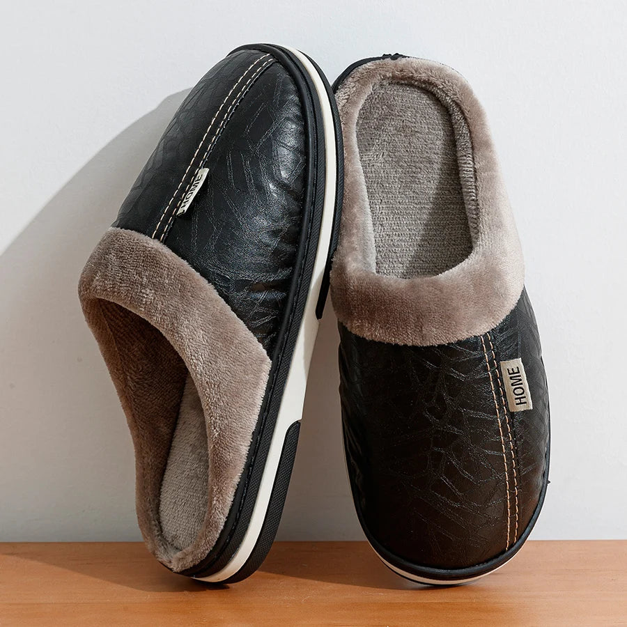 Pantoufles d'Hiver pour Hommes | Cuir PU Imperméable et Doublure Douce