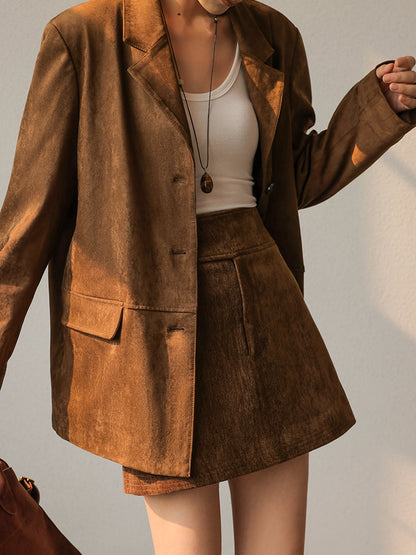 Blazer Vintage en Suède | Élégance Classique avec Manches Longues