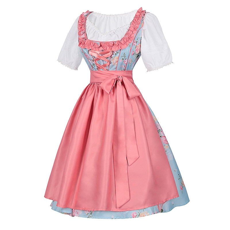 Robe Dirndl Fleurie Rose | Ensemble Traditionnel avec Tablier et Blouse