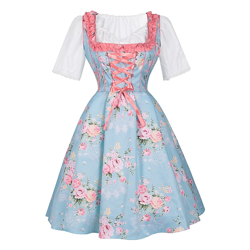 Robe Dirndl Fleurie Rose | Ensemble Traditionnel avec Tablier et Blouse