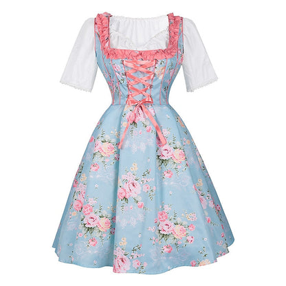 Robe Dirndl Fleurie Rose | Ensemble Traditionnel avec Tablier et Blouse