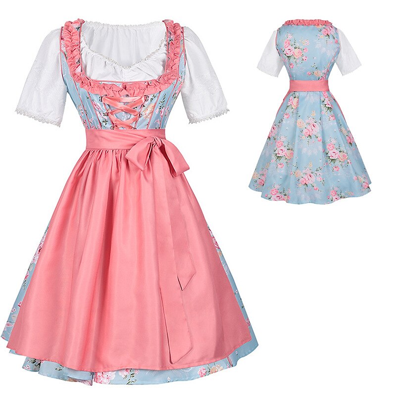 Robe Dirndl Fleurie Rose | Ensemble Traditionnel avec Tablier et Blouse