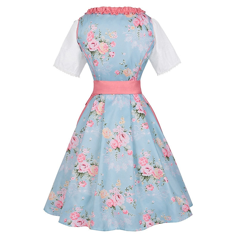 Robe Dirndl Fleurie Rose | Ensemble Traditionnel avec Tablier et Blouse