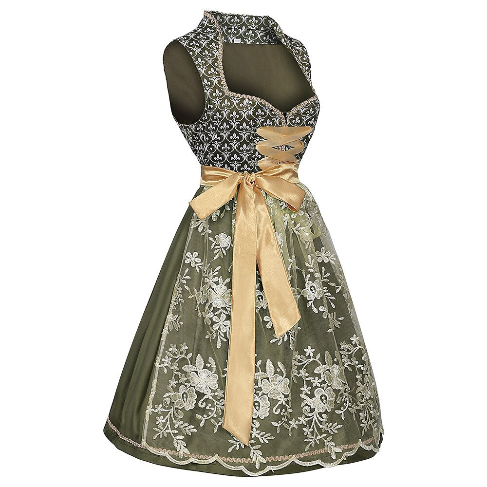 Robe dirndl verte brodée | Élégante avec Tablier Assorti