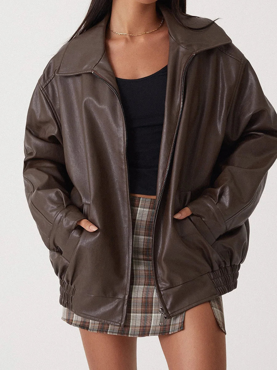 Veste Bomber en Cuir Oversize | Style Décontracté et Élégant pour Femmes