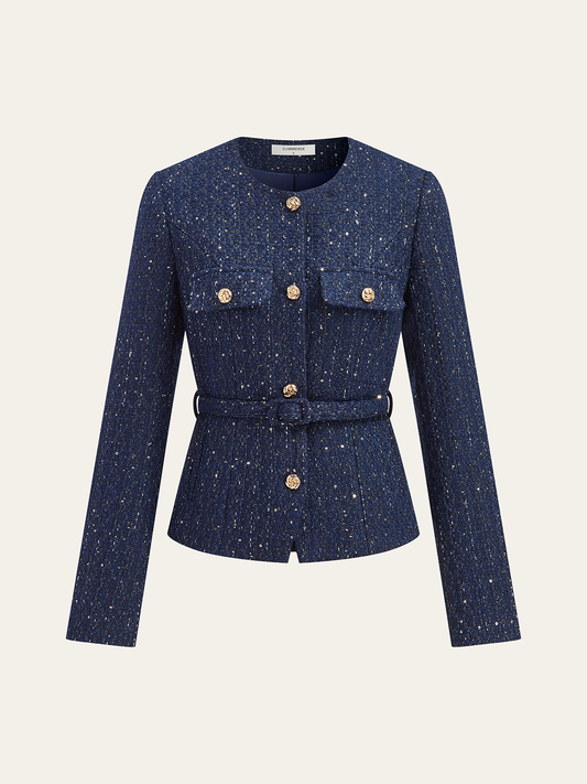 Veste en Tweed Métallique | Style Contemporain et Ceinturée