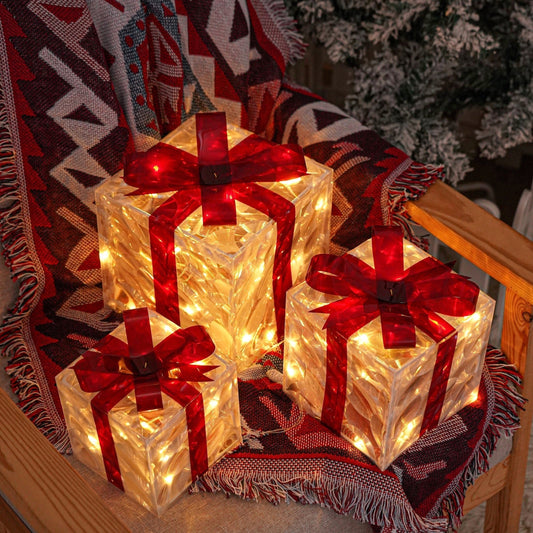 Boîtes Cadeaux LED pour Noël | Ensemble de 3 Tailles avec Éclairage chaleureux