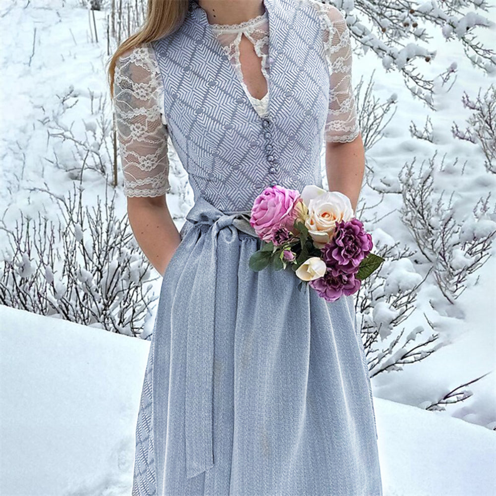 Robe Dirndl Grise Élégante | Style Traditionnel avec Tablier pour Oktoberfest