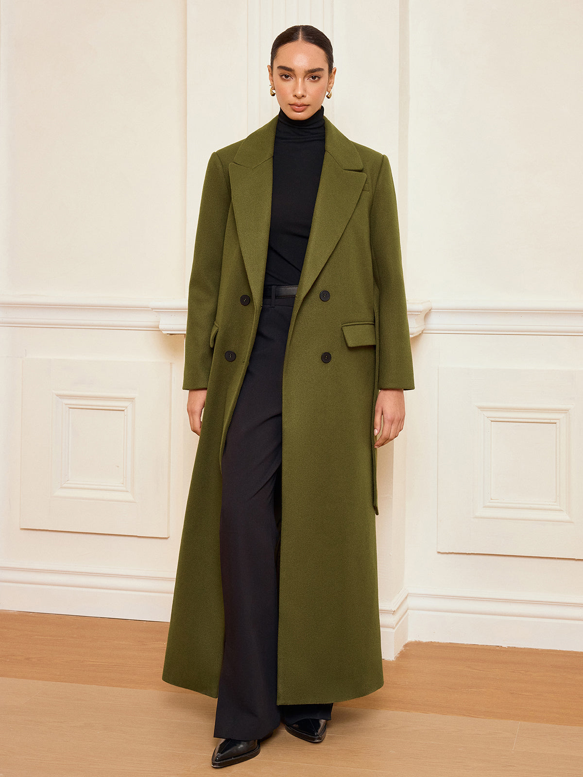 Manteau Long Ceinturé à Double Boutonnage | Chaud en Tweed avec Manches Longues