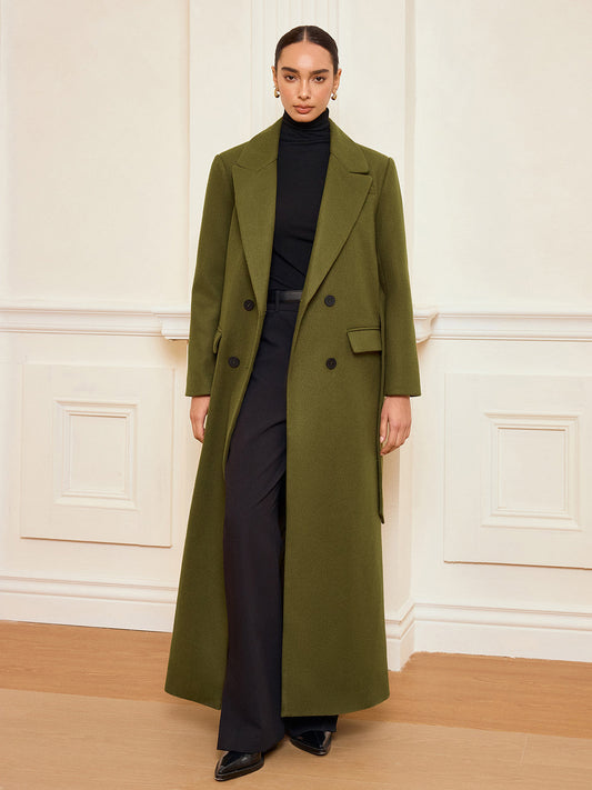 Manteau Long Ceinturé à Double Boutonnage | Chaud en Tweed avec Manches Longues