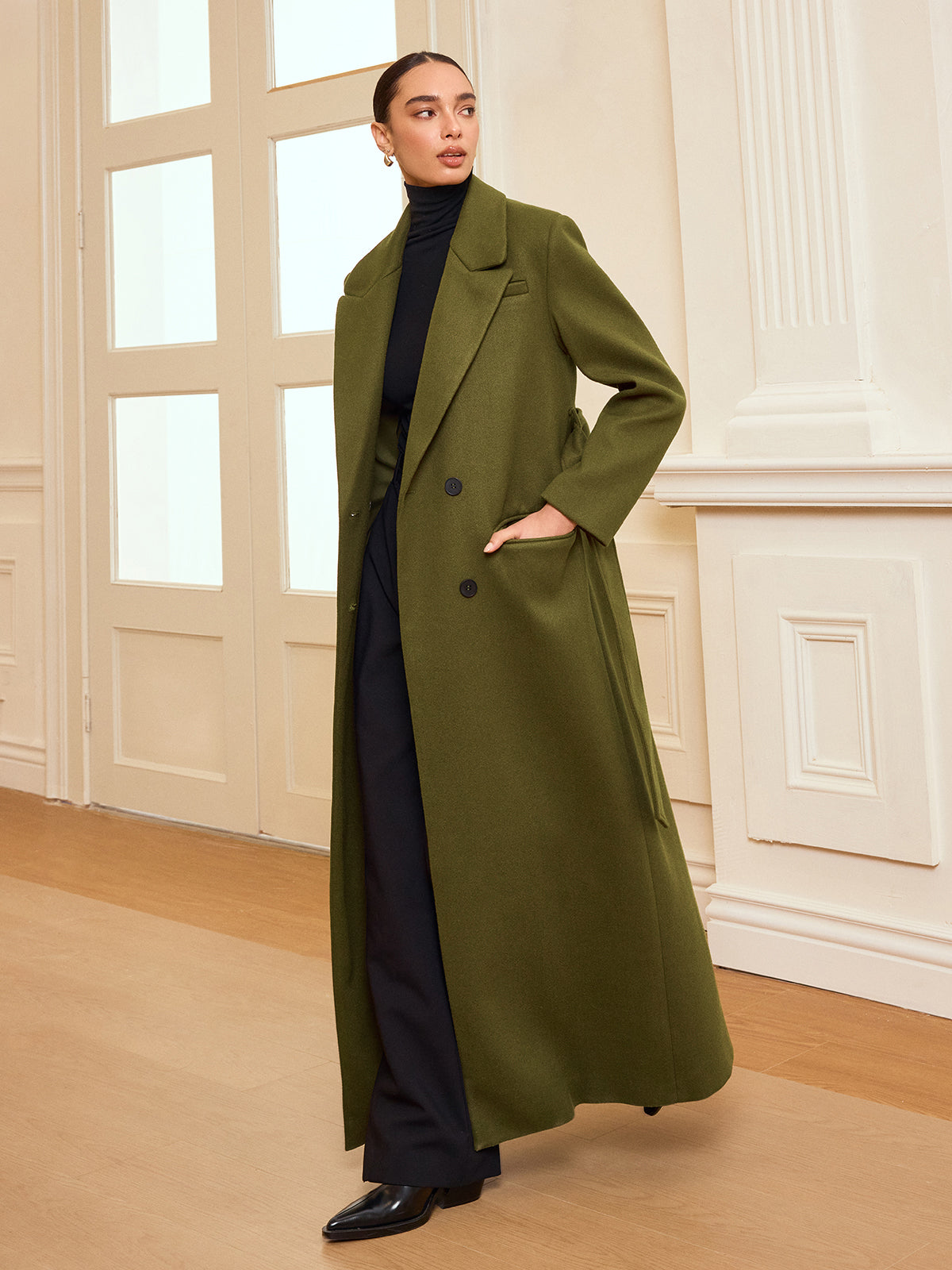 Manteau Long Ceinturé à Double Boutonnage | Chaud en Tweed avec Manches Longues