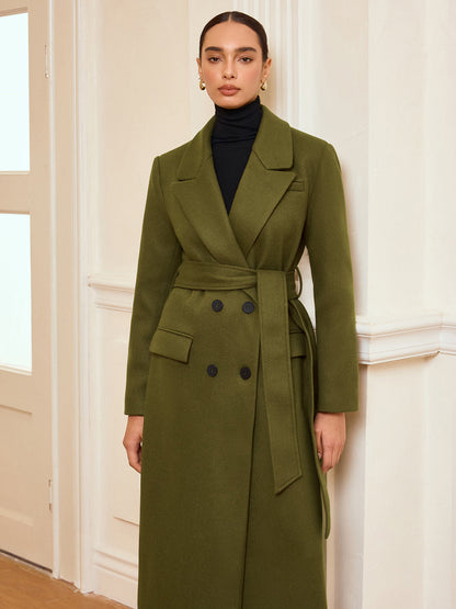 Manteau Long Ceinturé à Double Boutonnage | Chaud en Tweed avec Manches Longues