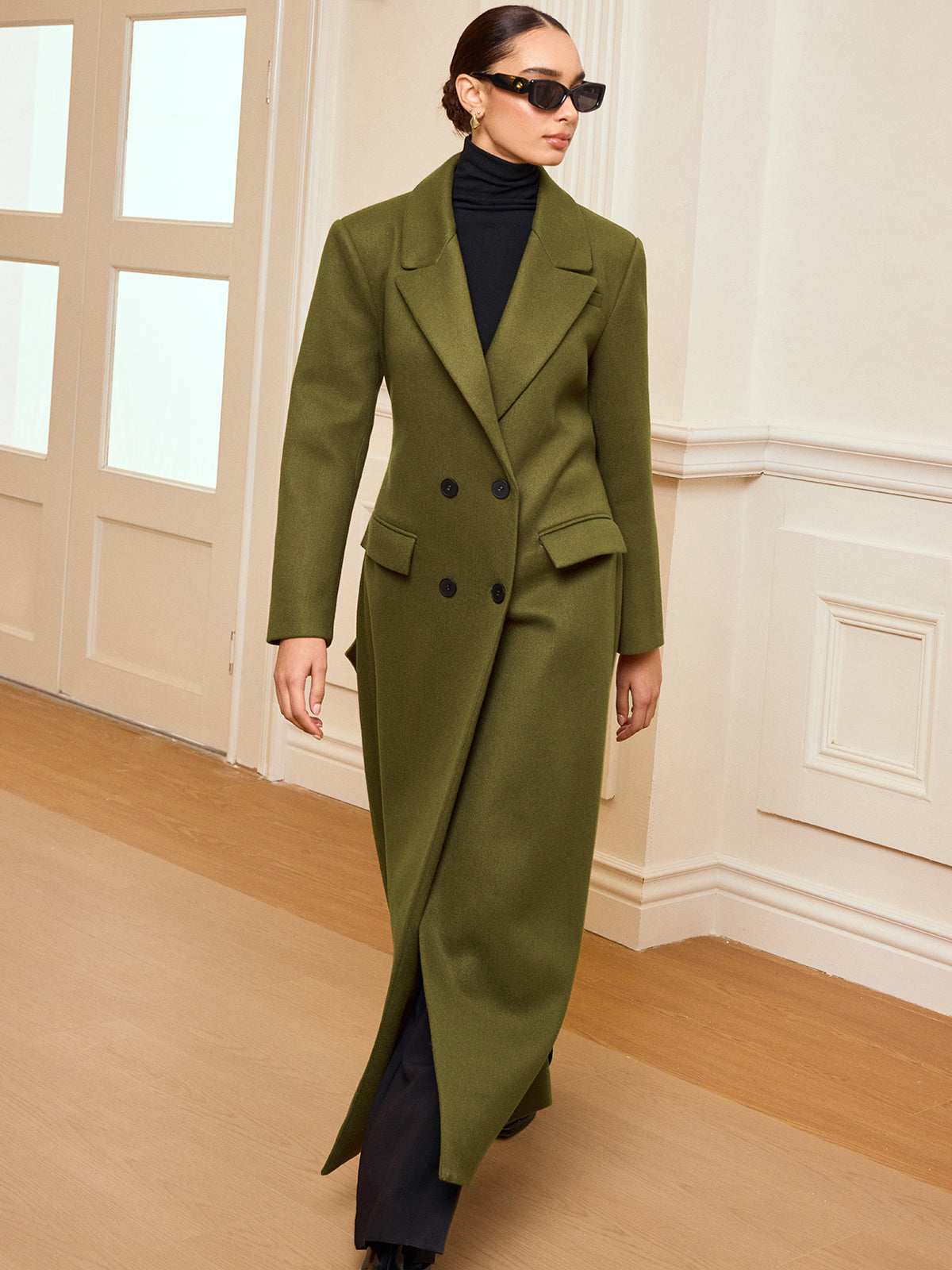 Manteau Long Ceinturé à Double Boutonnage | Chaud en Tweed avec Manches Longues