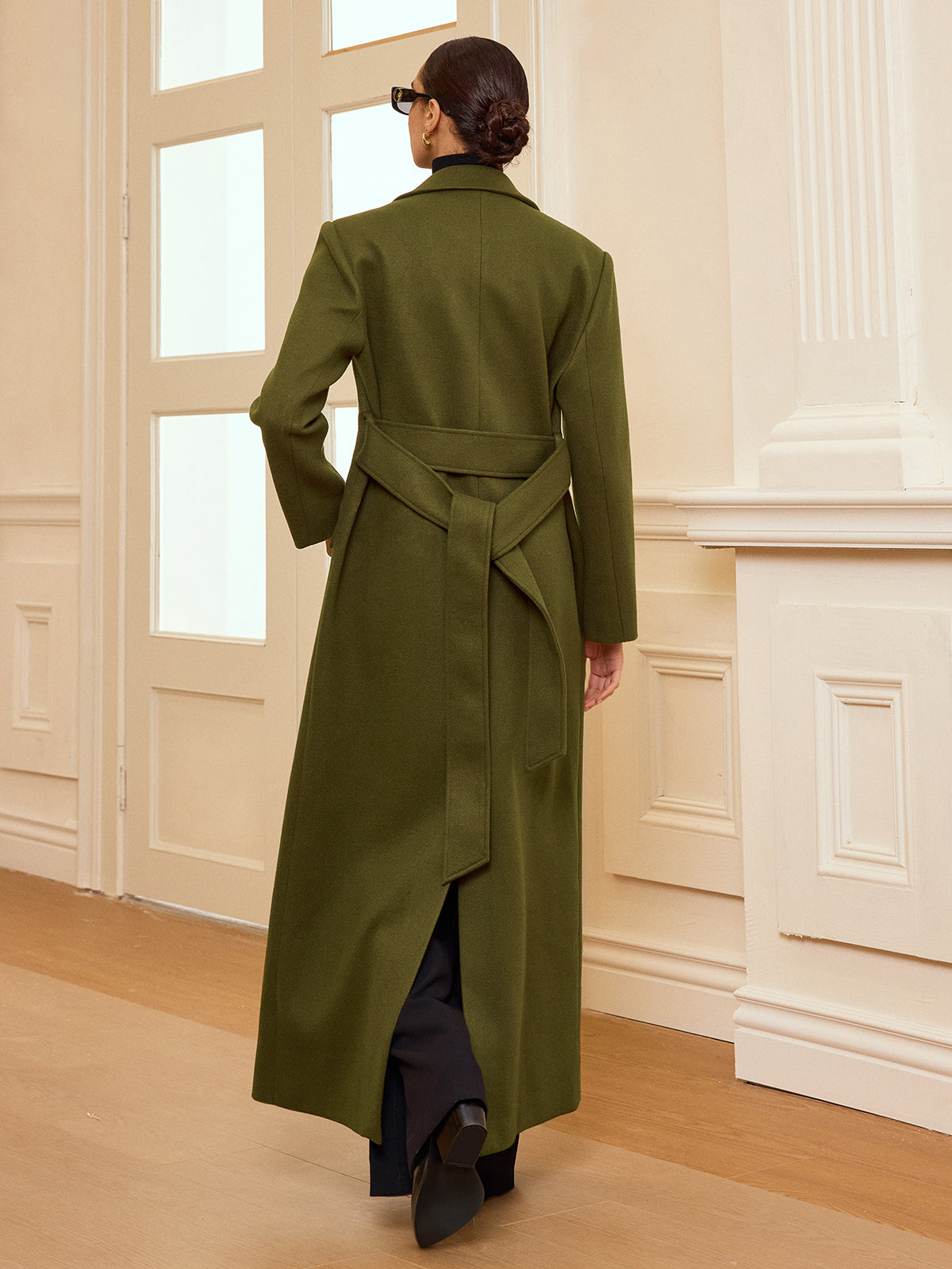 Manteau Long Ceinturé à Double Boutonnage | Chaud en Tweed avec Manches Longues