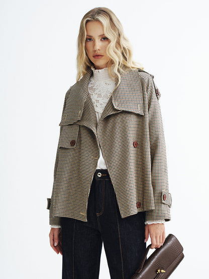 Manteau Trench Court à Carreaux | Tissu Tissé et Manches Longues