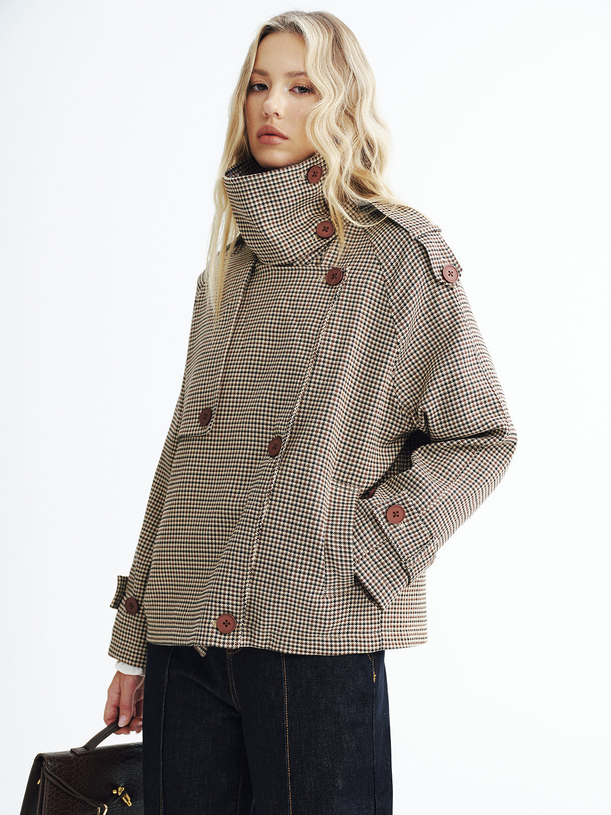 Manteau Trench Court à Carreaux | Tissu Tissé et Manches Longues