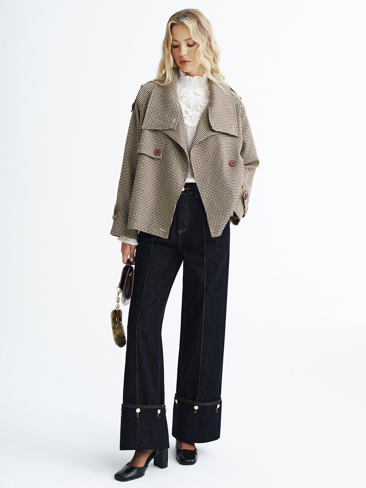 Manteau Trench Court à Carreaux | Tissu Tissé et Manches Longues