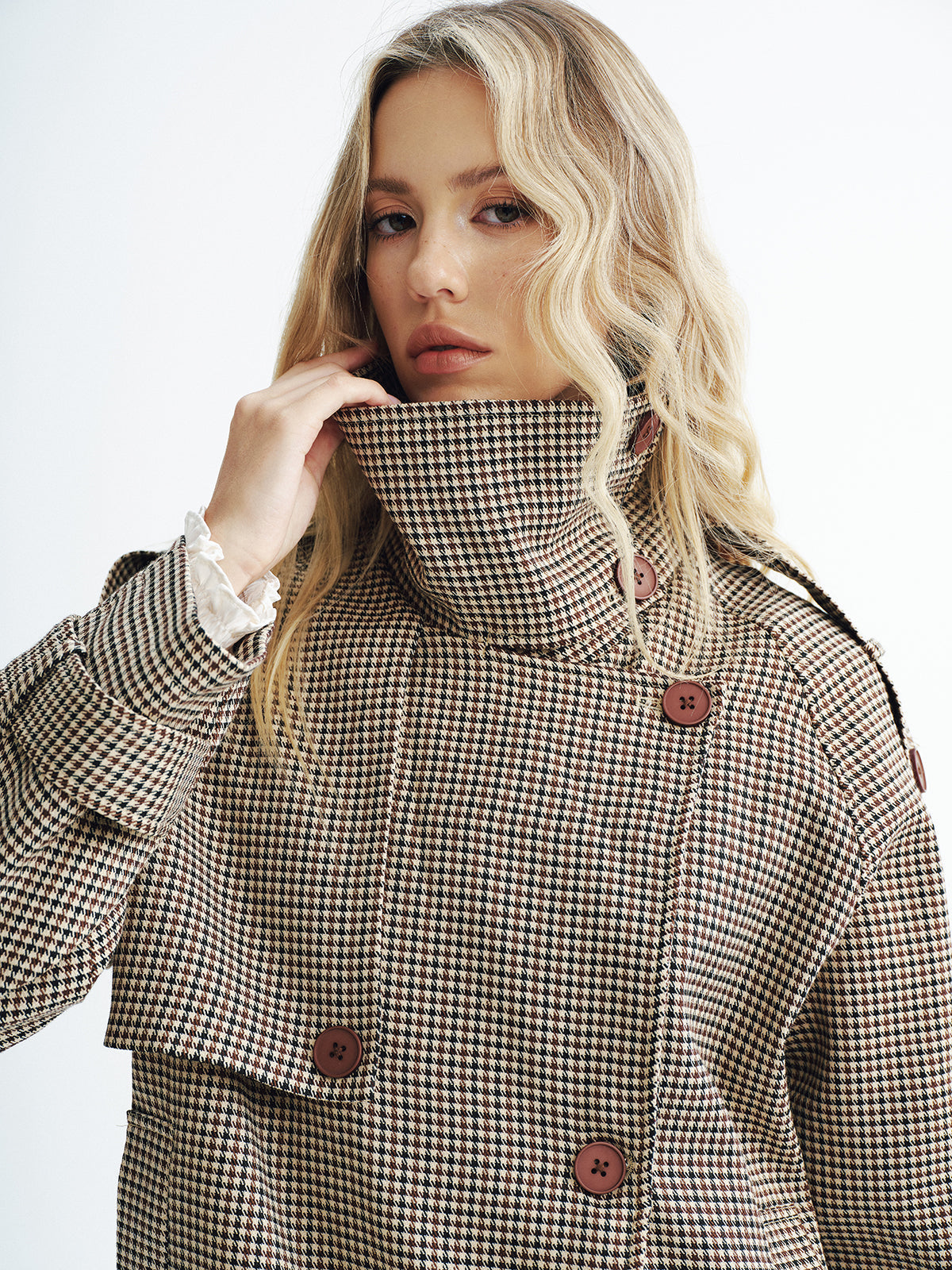 Manteau Trench Court à Carreaux | Tissu Tissé et Manches Longues