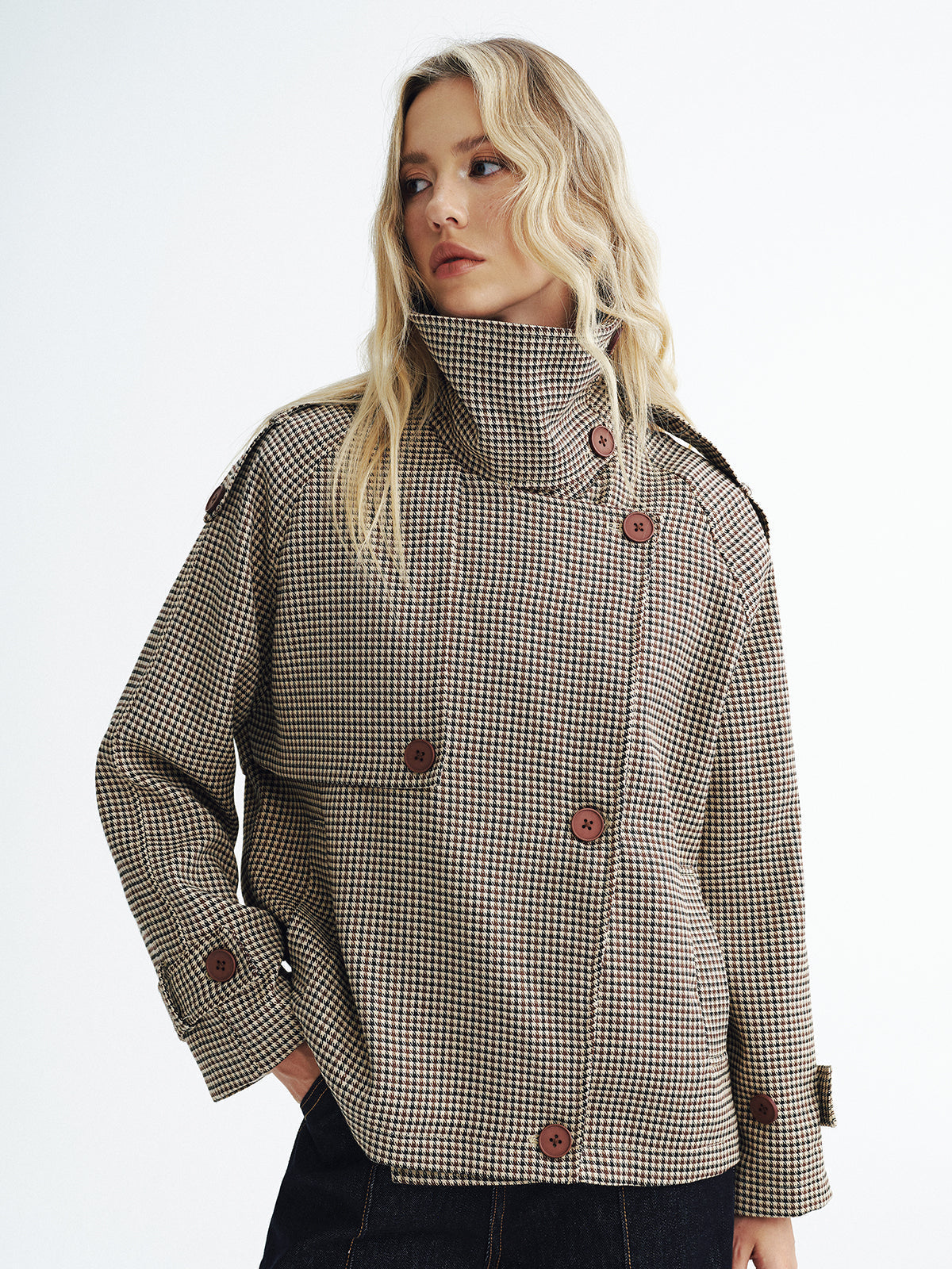 Manteau Trench Court à Carreaux | Tissu Tissé et Manches Longues