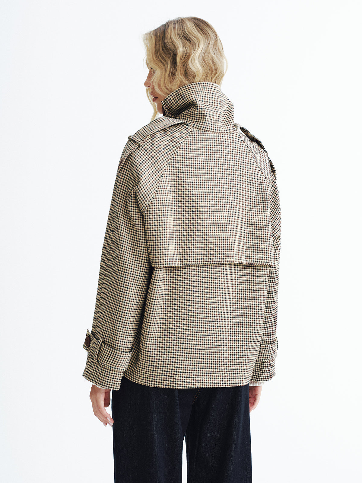 Manteau Trench Court à Carreaux | Tissu Tissé et Manches Longues