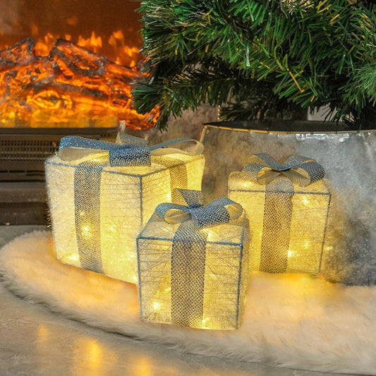 Boîtes Cadeaux LED Éclairées | Ensemble de 3 Décorations Festives