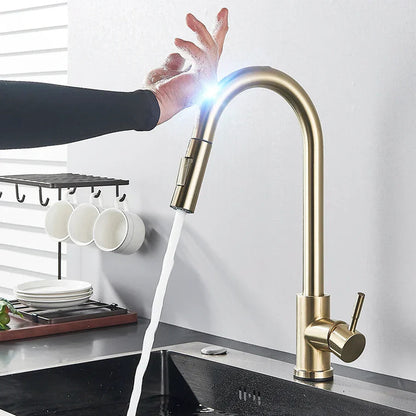Robinet de Cuisine Tactile Rétractable | Finition en Nickel Brossé Élégante