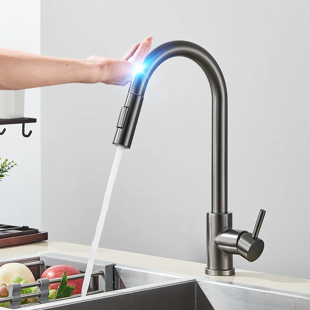 Robinet de Cuisine Tactile Rétractable | Finition en Nickel Brossé Élégante