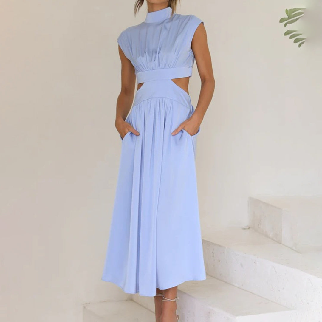Robe d'Été en Polyester pour Femmes | Élégante à Manches Courtes et Col Montant