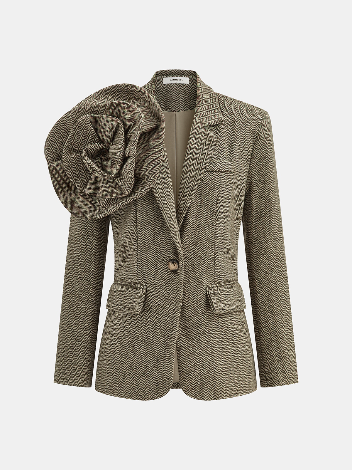 Blazer en Tweed à Bouton Unique | Fleurs 3D Artistiques et Élégantes