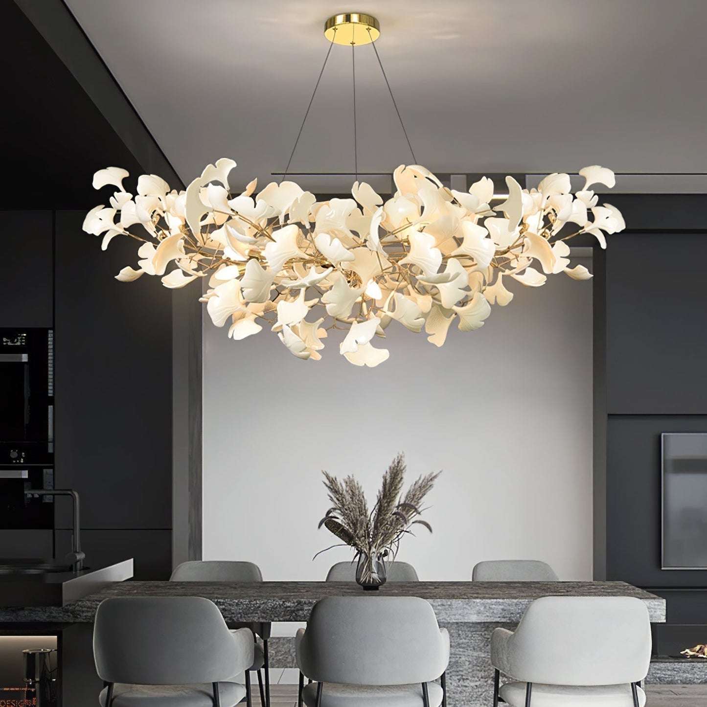 Lustre Ginkgo Contemporain en Verre | Éclairage LED Élégant et Réglable