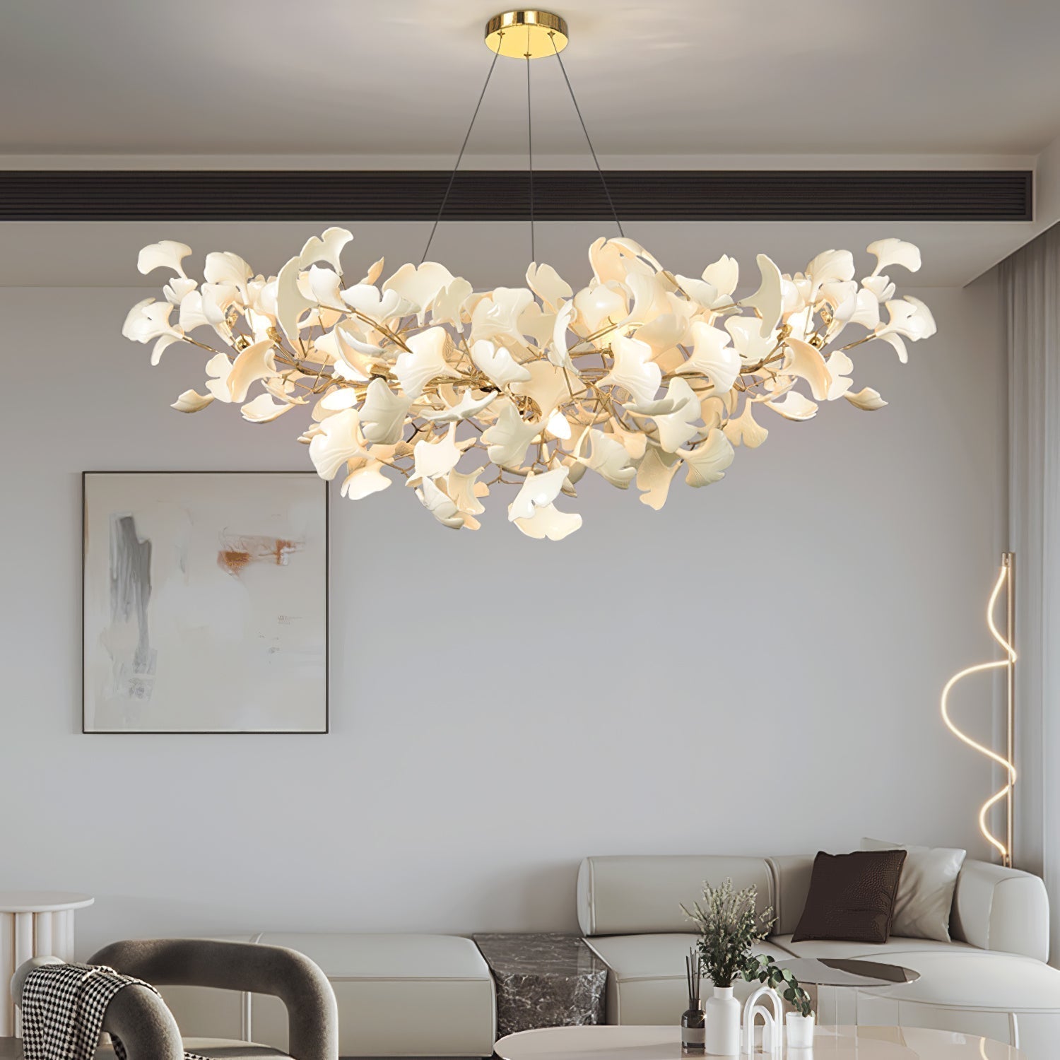 Lustre Ginkgo Contemporain en Verre | Éclairage LED Élégant et Réglable