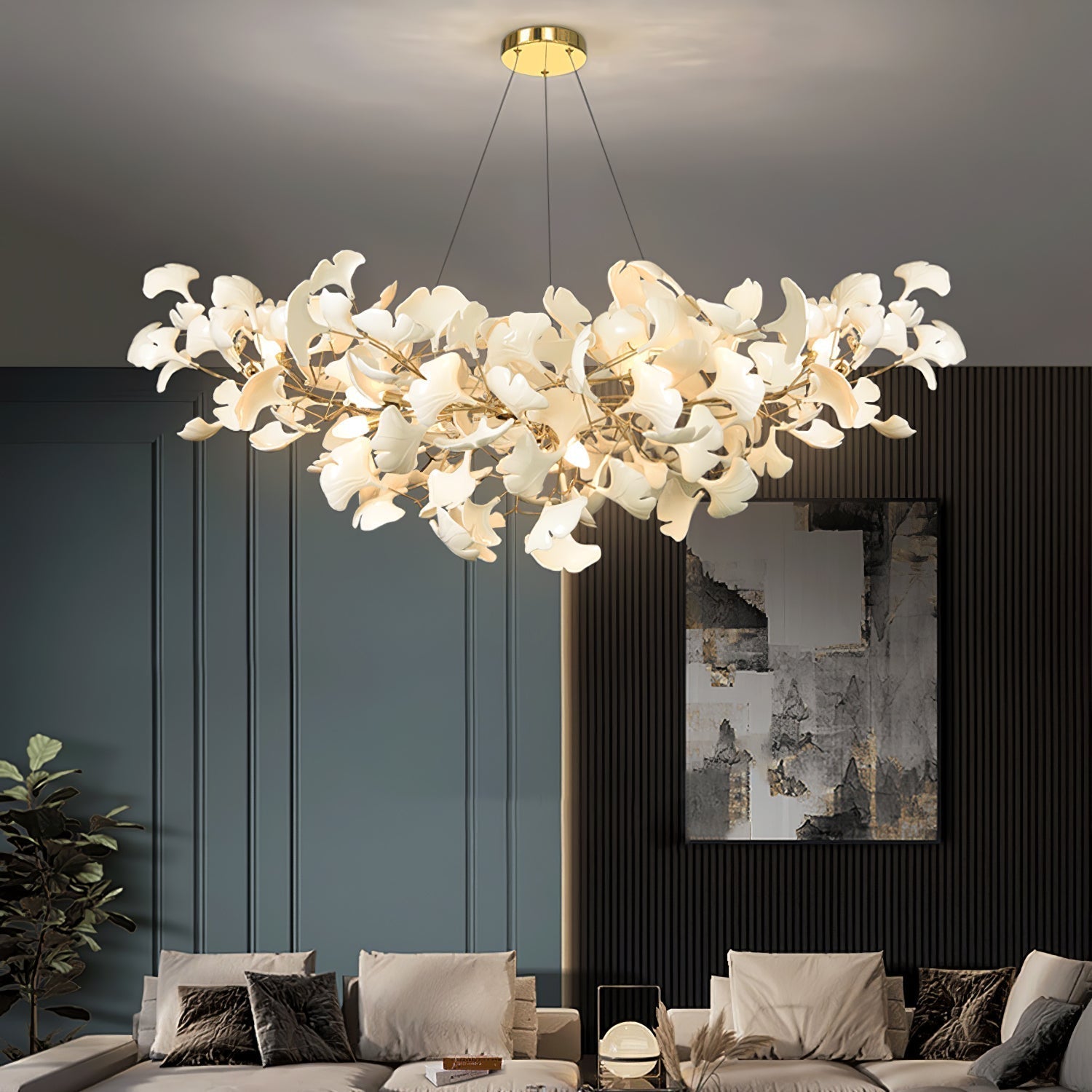 Lustre Ginkgo Contemporain en Verre | Éclairage LED Élégant et Réglable