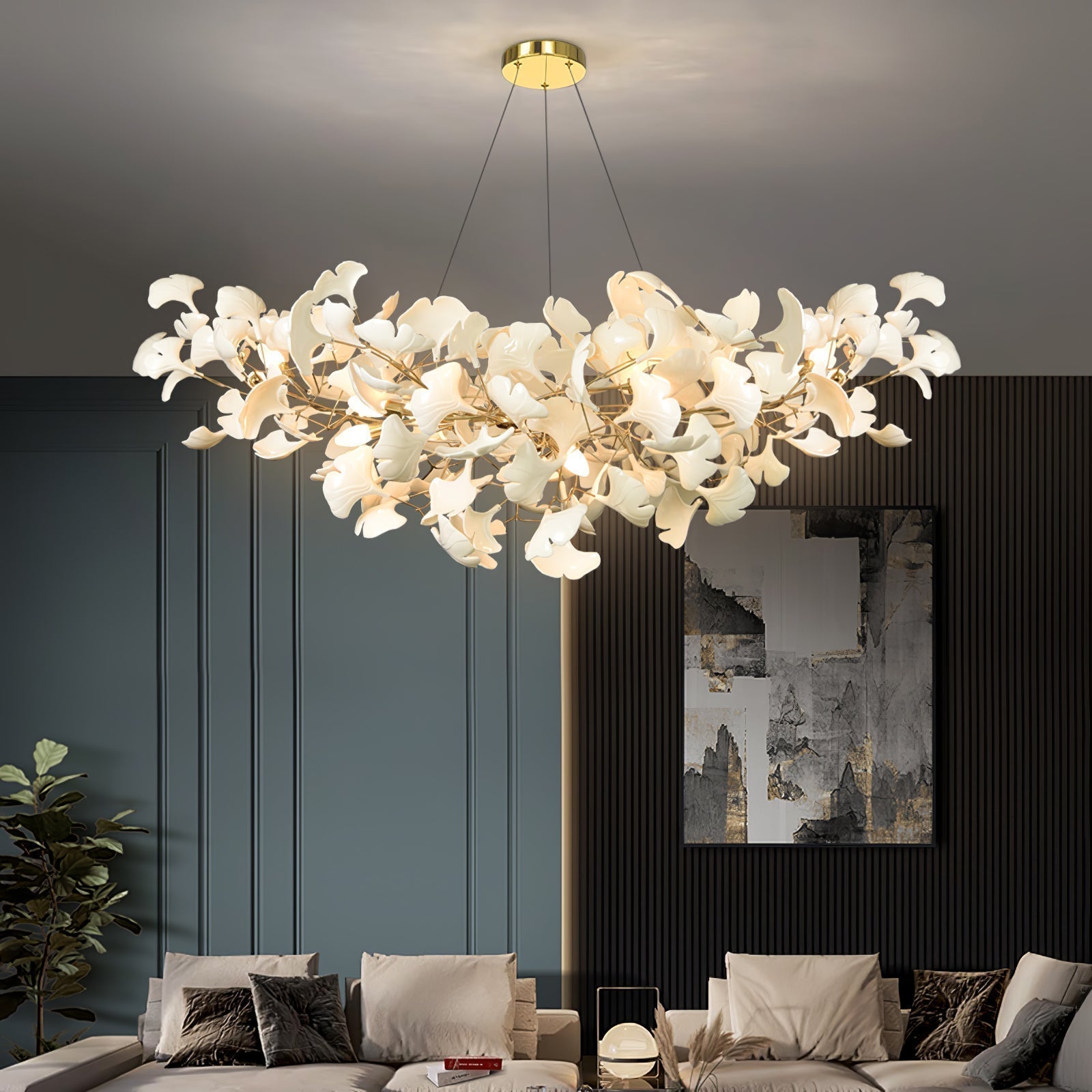 Lustre Ginkgo Contemporain en Verre | Éclairage LED Élégant et Réglable