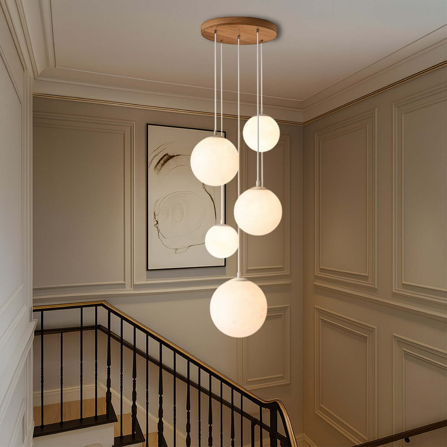 Lustre Escalier Lune Nordique | Éclairage Sculptural et Élégant