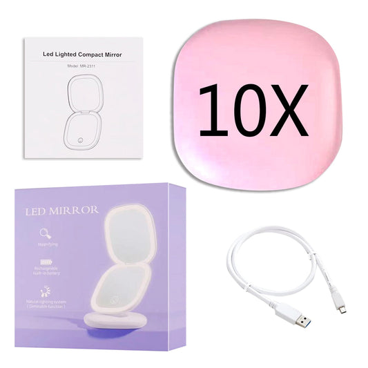 Miroir de Maquillage LED Compact | Double Magnification et Éclairage Réglable