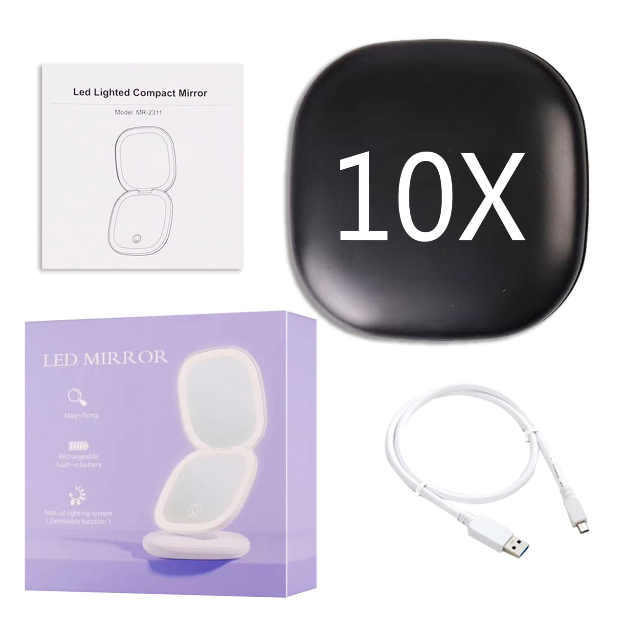Miroir de Maquillage LED Compact | Double Magnification et Éclairage Réglable