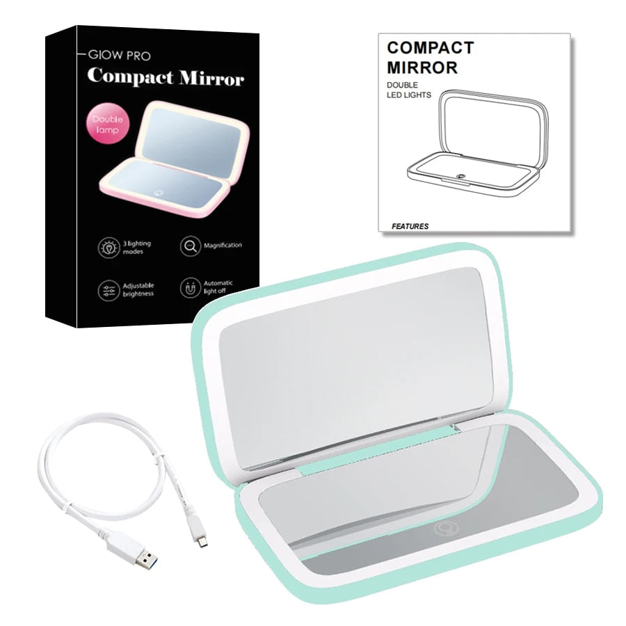 Miroir de Maquillage LED Compact | Double Magnification et Éclairage Réglable