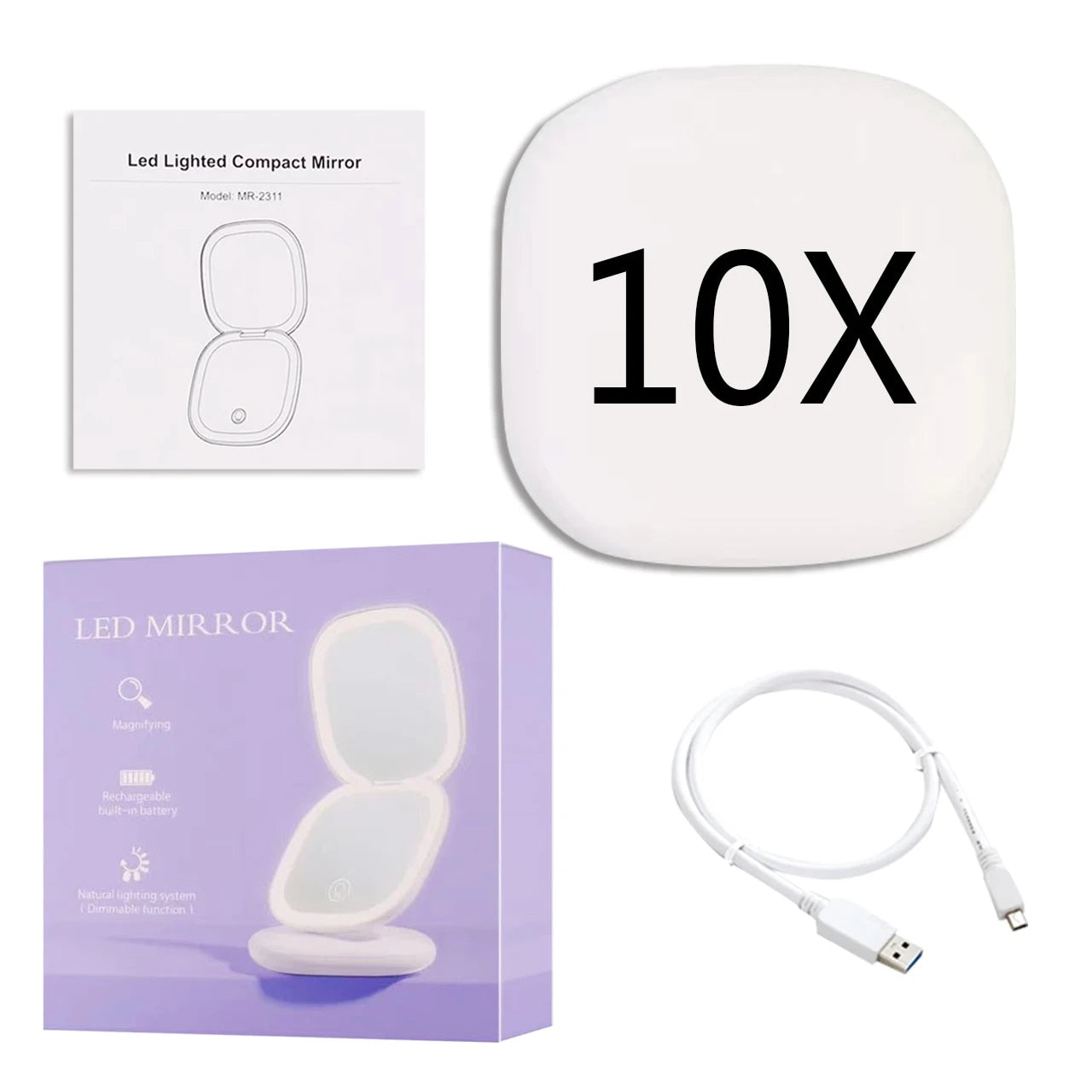Miroir de Maquillage LED Compact | Double Magnification et Éclairage Réglable