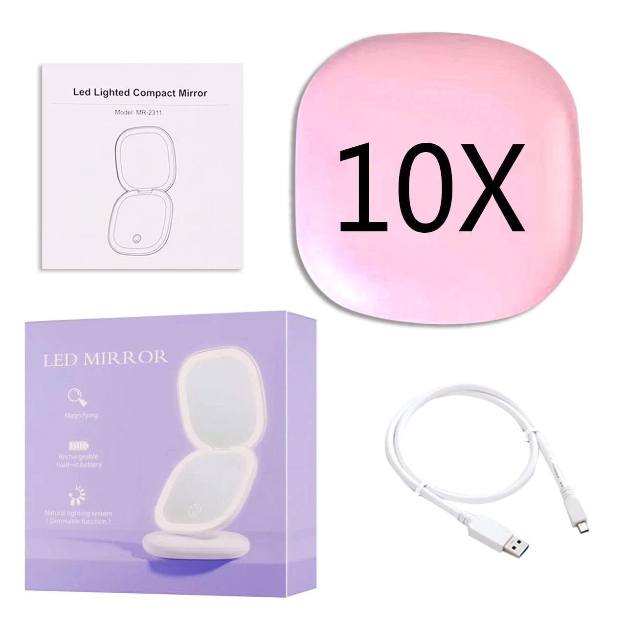 Miroir de Maquillage LED Compact | Double Magnification et Éclairage Réglable