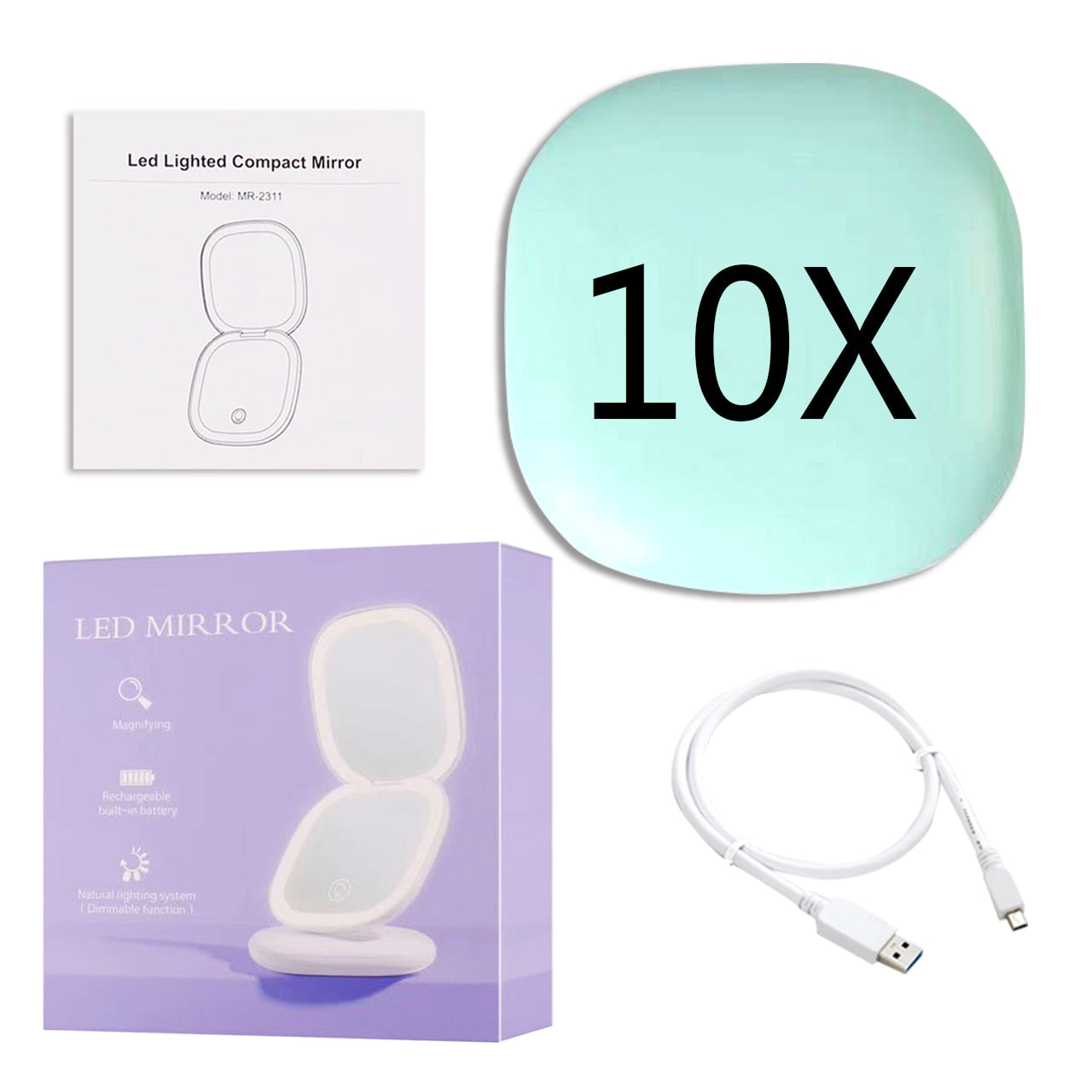 Miroir de Maquillage LED Compact | Double Magnification et Éclairage Réglable