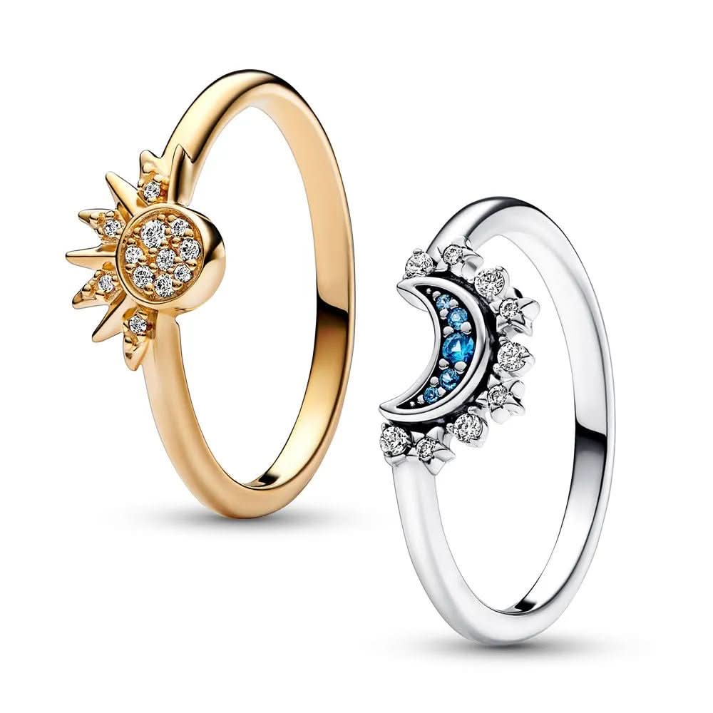 Bague en Argent avec Cristal | Design Élégant de Lune et de Soleil