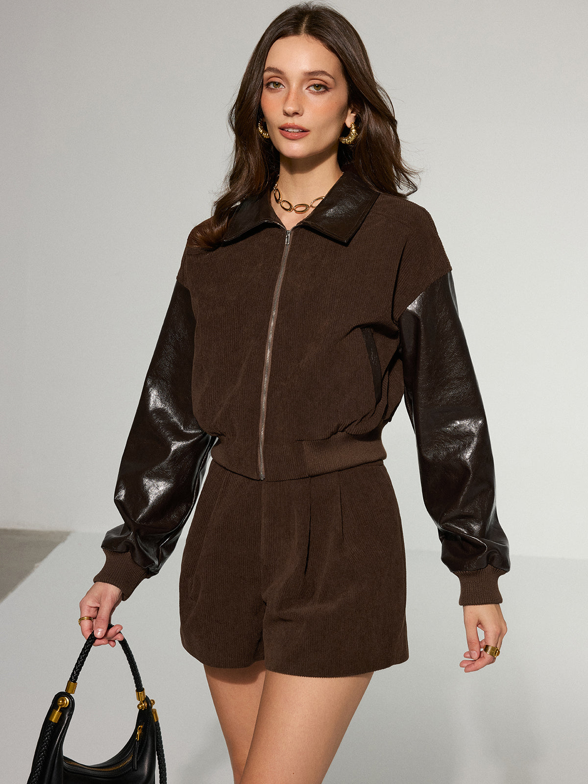 Veste en Velours Côtelé et Simili Cuir | Style Tendance avec Manches Longues