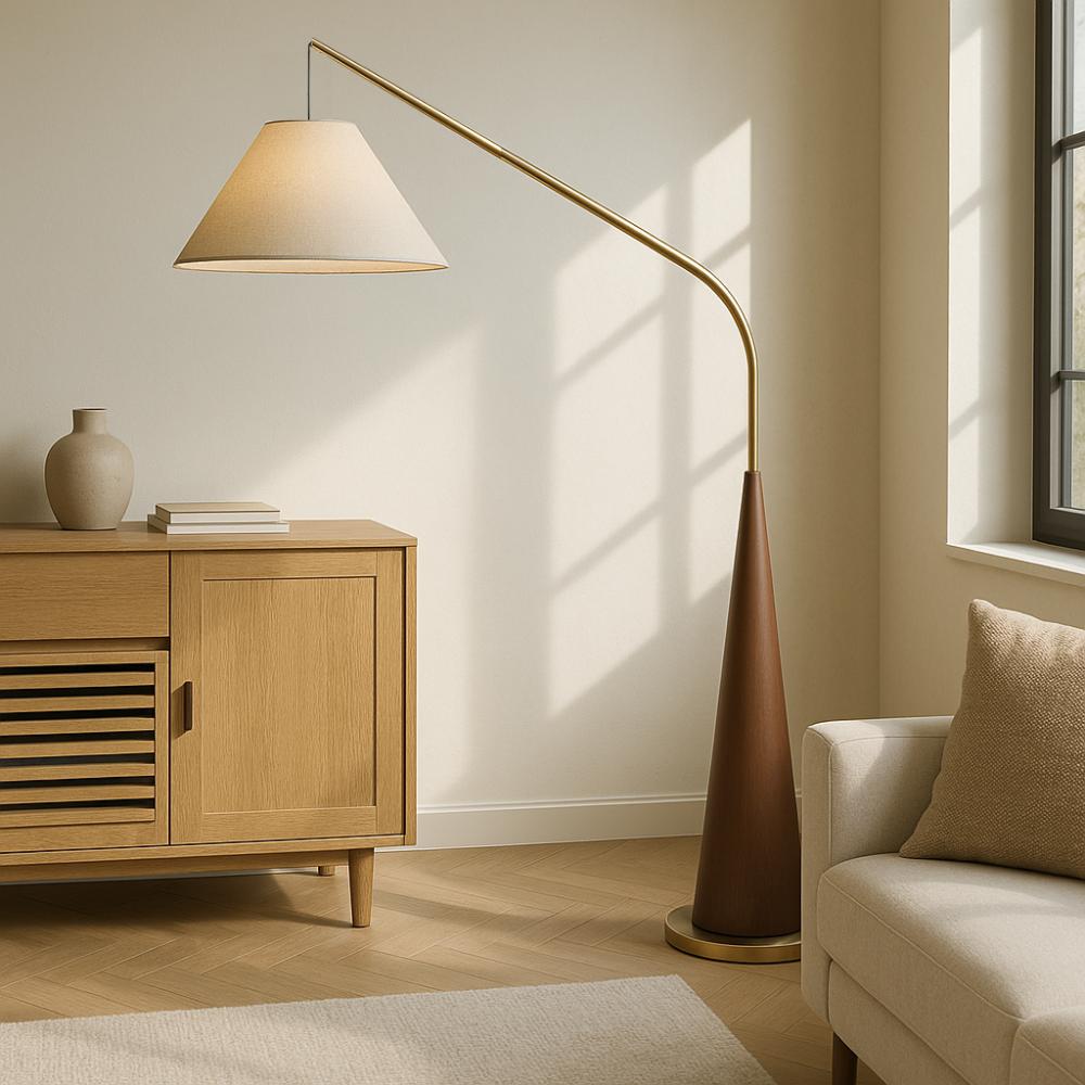 Lampe sur Pied en Bois Vintage | Design Arc Élégant et Accueillant