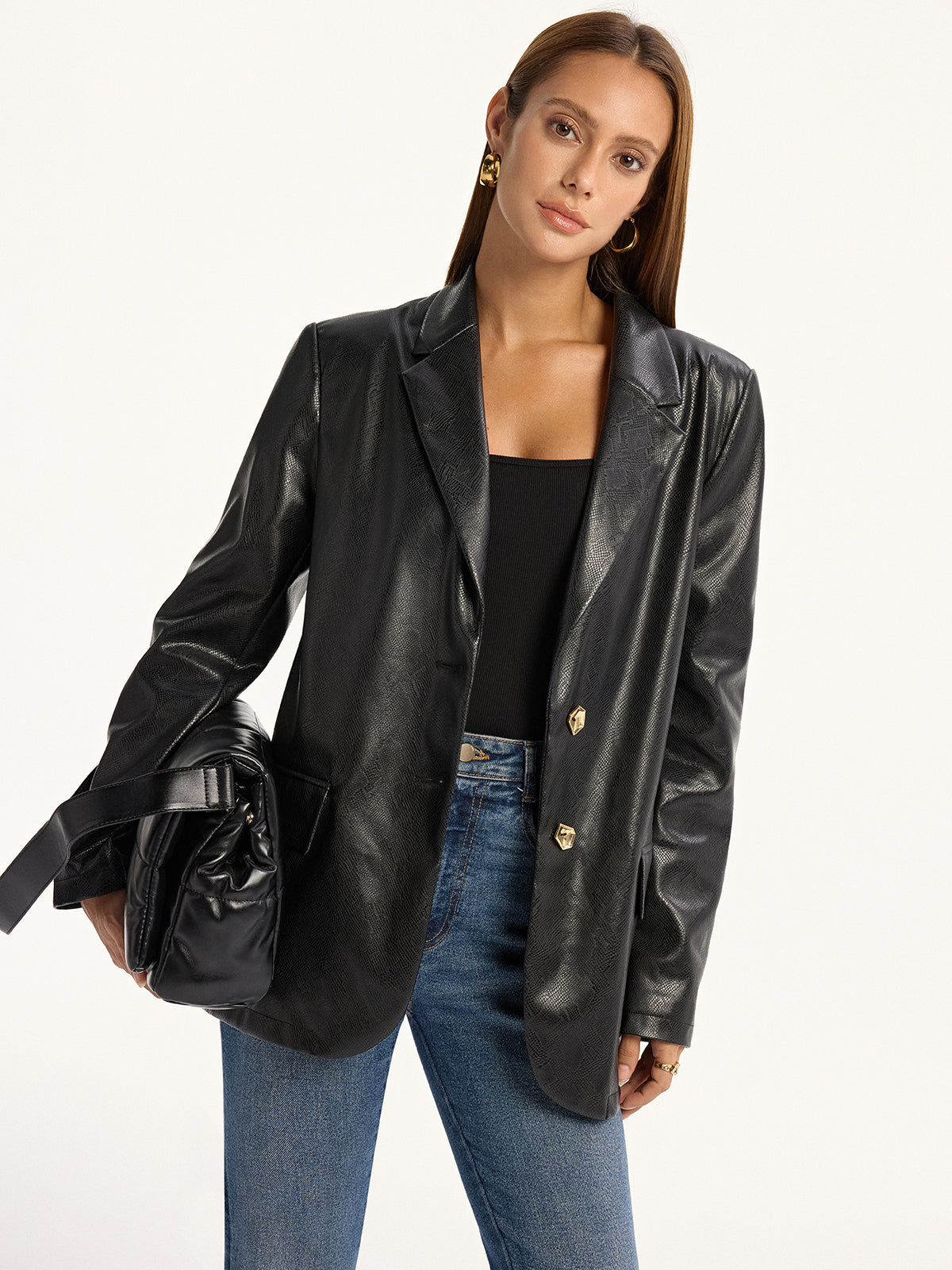 Blazer en Cuir Synthétique Imprimé Serpent | Manches Longues et Style Chic